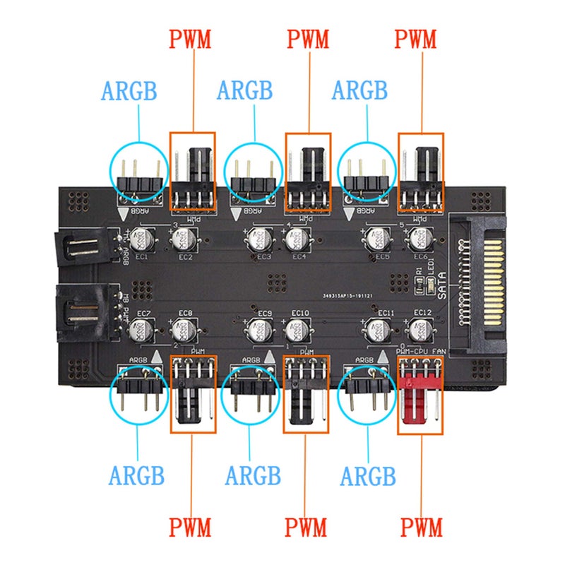 XMSJSIY 12V 4Pin PWM & 5V 3Pin ARGB with SATA 15Pin Power 2-in-1 Hub 6 Way Sync CPU Cooling Fan Addressable RGB Lighting PCB Splitter for Extended Motherboard Interface -Black Compatible With Desktop - Image 2